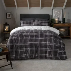 Check Printed Flannel Fleece Reverse Thermal Warm Duvet Cover